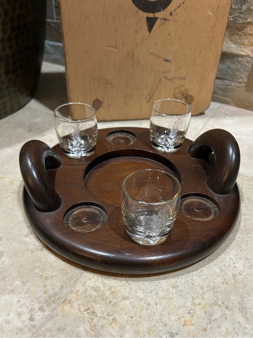 Vintage Wooden Shot Glass and Liquor Bottle Serving Tray Caddy with Handles